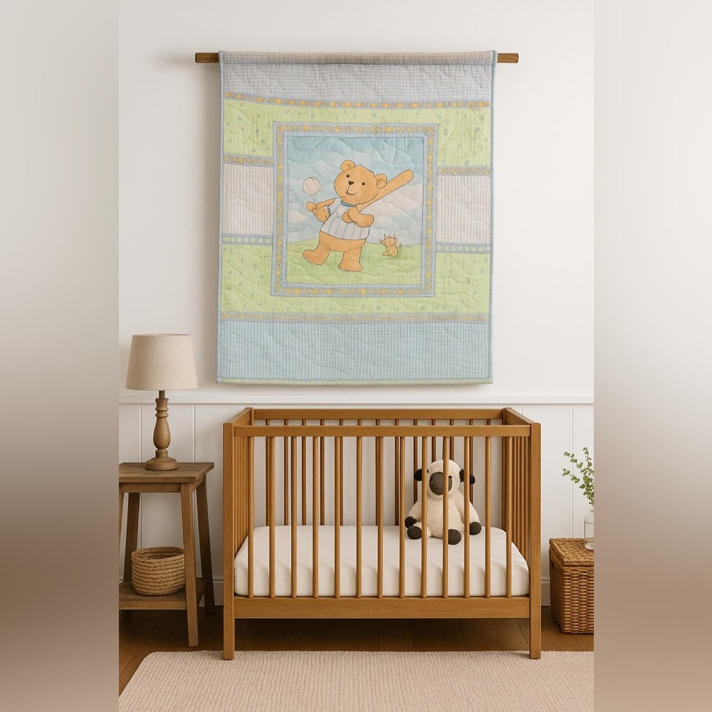 Vintage Baseball Teddy Bear Baby Quilt
